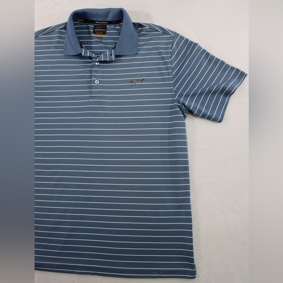 Greg Norman Tasso Elba Mens Small Blue Stripe Polo Short Sleeve EUC Shirt - Picture 3 of 8